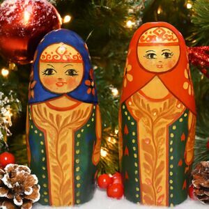 Matryoshka Russian Chime Doll Vintage Hand Painted Roly Poly Folk Art Set of 2